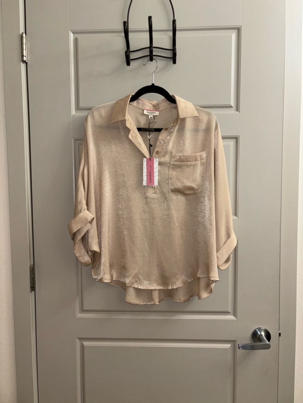 ANDREE BY UNIT Champagne Satin Polo Blouse